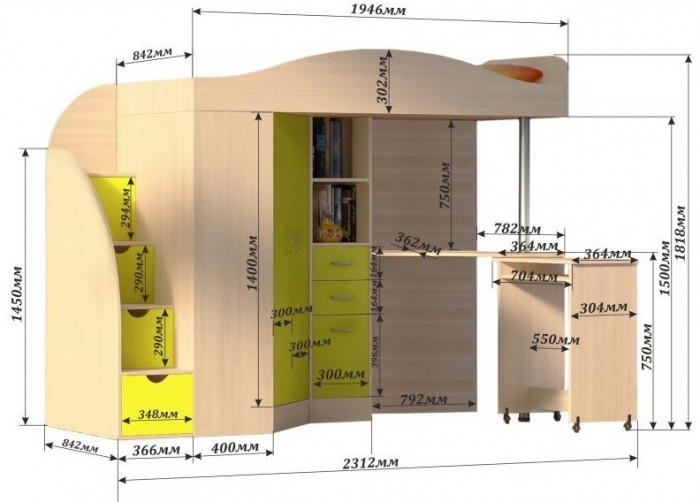 Кровать-чердак Юниор 4 (Белое дерево/Венге)