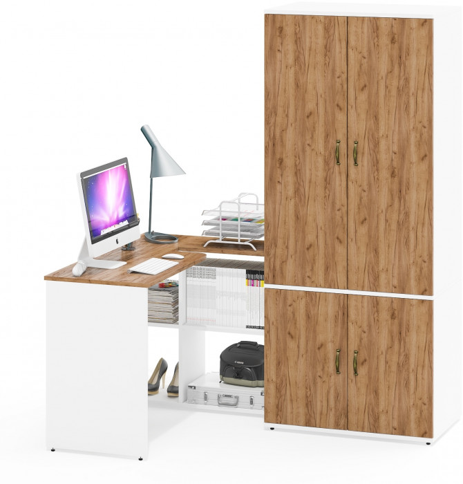 Лидер-8 Стол + Шкаф МД 19Б, белый шагрень/крафт золото