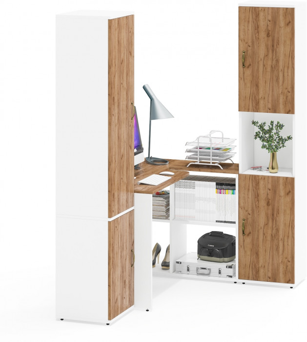 Лидер-8 Пенал МД 22Б + Стол + Пенал, цвет белый шагрень/крафт золото, ШхГхВ 245х50/37,5х75/190 или 155х120/50х75/190 см., НЕ универсальная сборка