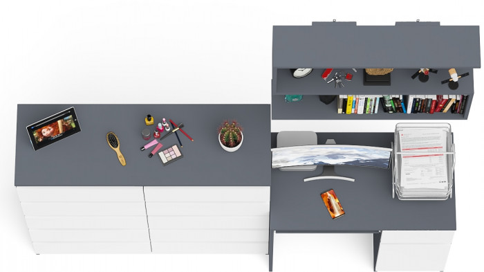 Мори компьютерный стол МС-1 правый + Комод МК1200.10 + Полка 900, графит/белый