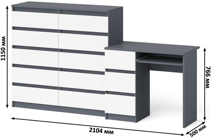 Мори компьютерный стол МС-6 левый + Комод МК1200.10, графит/белый