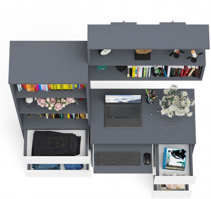 Мори компьютерный стол МС-6 правый + Стеллаж МСТ600.3 + Полка 900, графит/белый