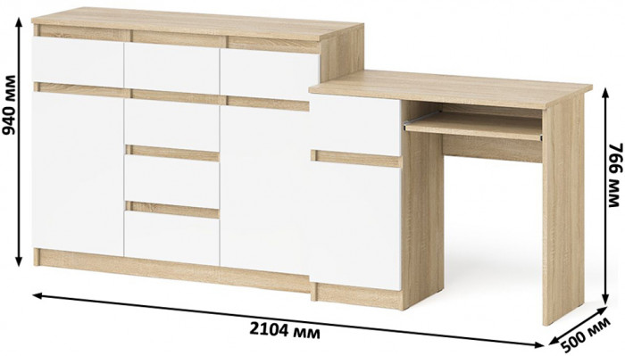 Мори Стол компьютерный МС-1 левый + Комод МК1200.4, цвет дуб сонома/белый, ШхГхВ 210,4х50х94 см., выдвижной ящик слева, НЕ универсальная сборка