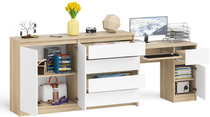 Мори Стол компьютерный МС-1 правый + Комод МК1600.1, цвет дуб сонома/белый, ШхГхВ 250,4х50х94 см., выдвижной ящик справа, НЕ универсальная сборка