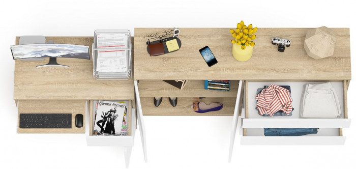 Мори Стол компьютерный МС-1 правый + Комод МК1600.1, цвет дуб сонома/белый, ШхГхВ 250,4х50х94 см., выдвижной ящик справа, НЕ универсальная сборка