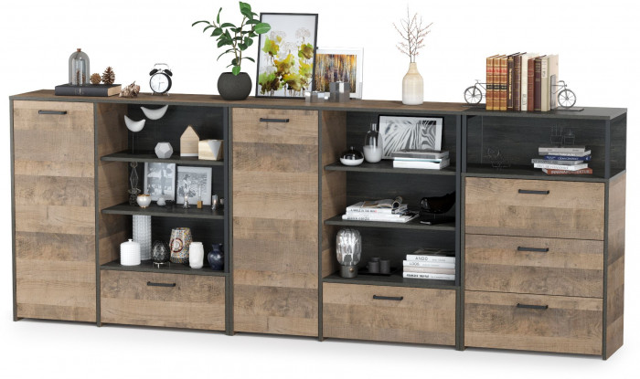 Трувор 13.307.01 Комод + 13.307.02 Комод с ящиками + 13.307.01 Комод, цвет дуб гранж песочный/интра, ШхГхВ 284х37х106,9 см., универсальная сборка