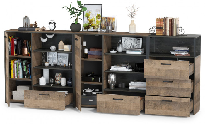 Трувор 13.307.01 Комод + 13.307.02 Комод с ящиками + 13.307.01 Комод, цвет дуб гранж песочный/интра, ШхГхВ 284х37х106,9 см., универсальная сборка