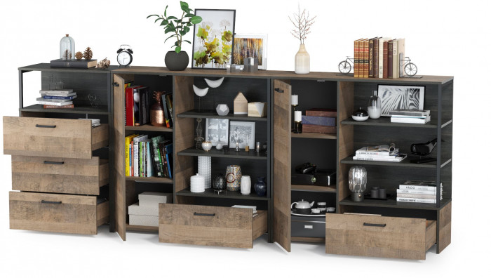 Трувор 13.307.01 Комод + 13.307.02 Комод с ящиками + 13.307.01 Комод, цвет дуб гранж песочный/интра, ШхГхВ 284х37х106,9 см., универсальная сборка