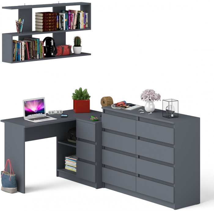 Мори компьютерный стол МС-16 правый + Комод МК1200.8 + Полка 1200, графит