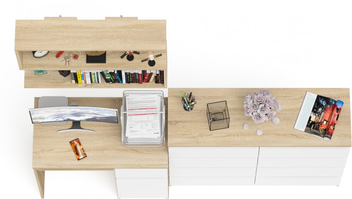 Мори Стол компьютерный МС-1 правый + Комод МК1200.8 + Полка 900, цвет дуб сонома/белый, ШхГхВ 210,4х50х209,6 см., НЕ универсальная сборка