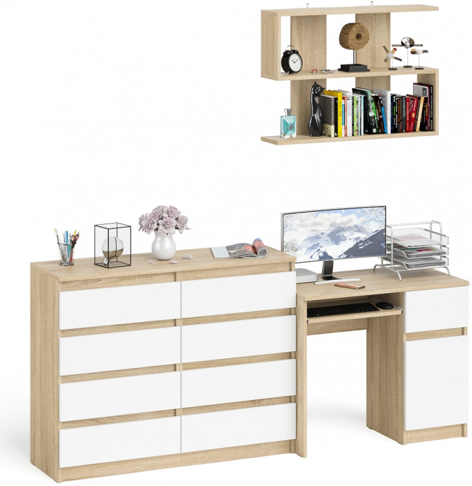 Мори Стол компьютерный МС-1 правый + Комод МК1200.8 + Полка 900, цвет дуб сонома/белый, ШхГхВ 210,4х50х209,6 см., НЕ универсальная сборка