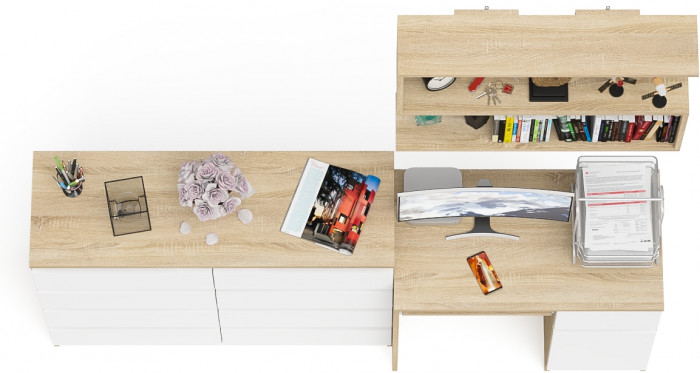 Мори Стол компьютерный МС-1 правый + Комод МК1200.8 + Полка 900, цвет дуб сонома/белый, ШхГхВ 210,4х50х209,6 см., НЕ универсальная сборка