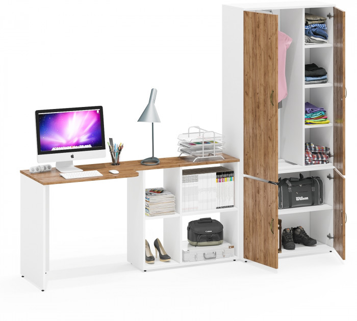 Лидер-8 Стол + Шкаф МД 20Б, белый шагрень/крафт золото