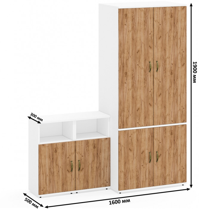 Лидер-8 Шкаф МД 19Б + Тумба МД 3.19 + Тумба МД 3.19, цвет белый шагрень/крафт золото, ШхГхВ 160х50х190 см., универсальная сборка