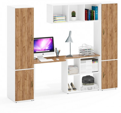 Лидер-8 Пенал МД 23Б + Стол + Полка + Пенал 22Б, белый шагрень/крафт золото