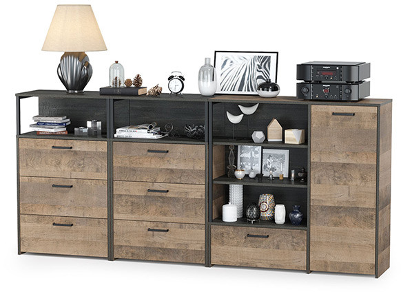 Трувор 13.307.01 Комод + 13.307.02 Комод с ящиками + 13.307.02 Комод с ящиками, цвет дуб гранж песочный/интра, ШхГхВ 241х37х106,9 см., ун. сб.