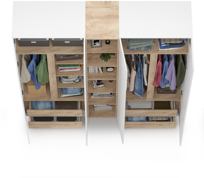 Муссон 13.198 Шкаф + 13.349 Стеллаж + 13.198 Шкаф, цвет белый/дуб эндгрейн элегантный, ШхГхВ 215х52,3х229,8 см., НЕ универсальная сборка