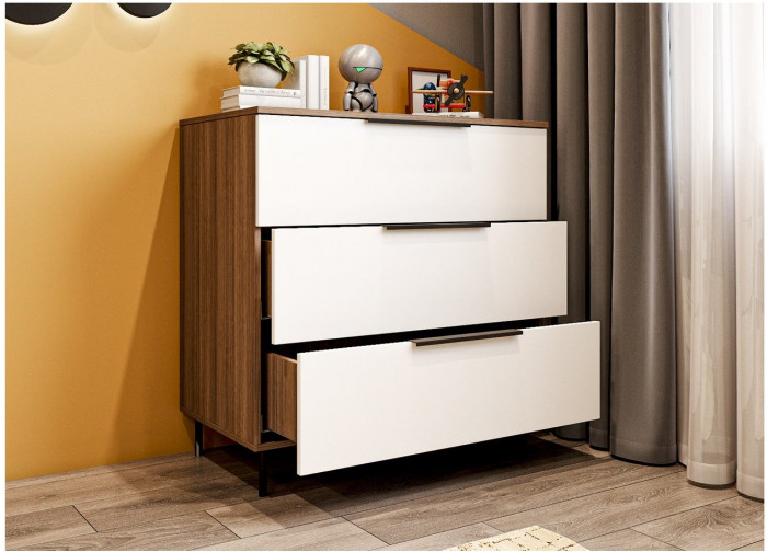 МС Роза Комод 900, Ройс+ ручка скоба 3 шт., Орех Франклин карамель/Белый скин