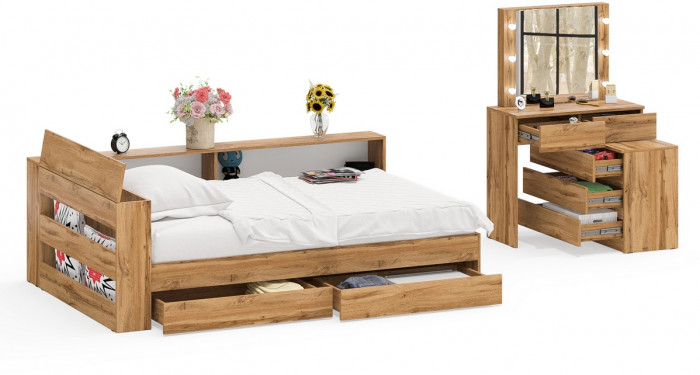 Ксения Кровать с ящиками 1200 + прикроватный блок + Столик с подсветкой 110, дуб вотан