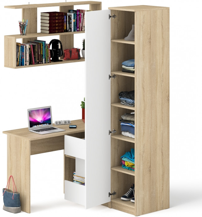 Мори компьютерный стол МС-16 правый + Пенал МШ400.1 + Полка 1200, дуб сонома/белый