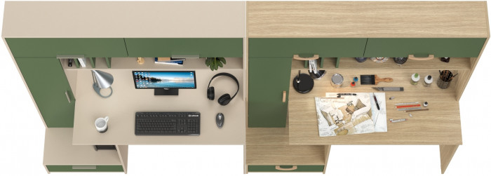 Два Стола письменных Лайт 03.243Н, цвет сатин/дымчатый зелёный/плэйн/дымчатый зелёный, ШхГхВ 300,4х57,3х179,9 см., НЕ универсальная сборка