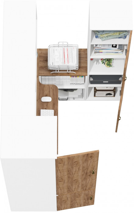 Лидер-8 Пенал МД 23Б + Стол + Полка + Пенал, белый шагрень/крафт золото