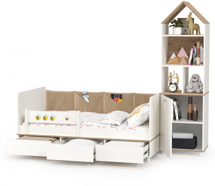 Эйп 11.40 Кровать + 13.14 Стеллаж, цвет белый/дуб белый, сп. м. 800х1600 мм., б/м, основание есть, макс. нагрузка 80 кг., рек. выс. матр. 120 мм.