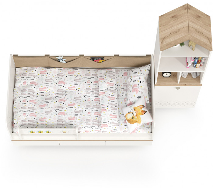 Эйп 11.40 Кровать + 13.14 Стеллаж, цвет белый/дуб белый, сп. м. 800х1600 мм., б/м, основание есть, макс. нагрузка 80 кг., рек. выс. матр. 120 мм.