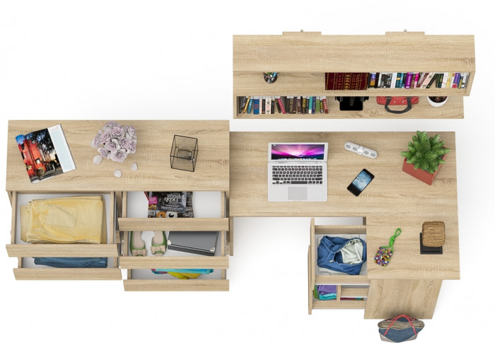 Мори компьютерный стол МС-16 правый + Комод МК1200.8 + Полка 1200, дуб сонома