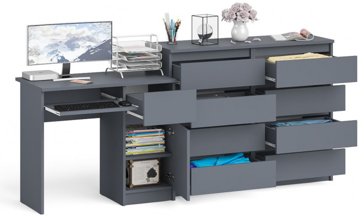 Мори Стол компьютерный МС-1 правый + Комод МК1200.8, цвет графит, ШхГхВ 210,4х50х94 см., выдвижной ящик справа, НЕ универсальная сборка