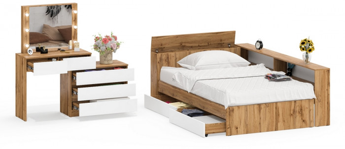 Ксения Кровать с ящиками 1200 + прикроватный блок + Столик с подсветкой 110, дуб вотан/белый