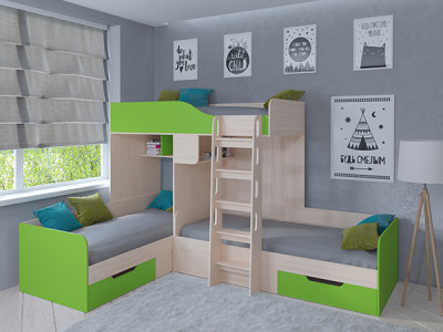 Кровать двухъярусная Трио Дуб молочный/Салатовый