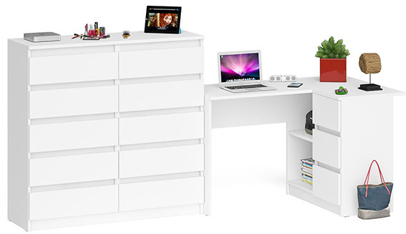 Мори компьютерный стол МС-16 правый + Комод МК1200.10, белый