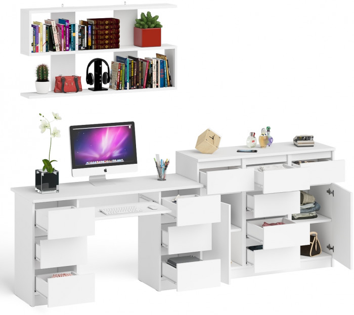Мори компьютерный стол МС-2 + Комод МК1200.4 + Полка 1200, белый