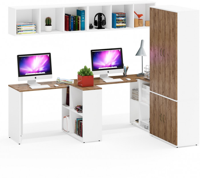 Лидер-8 Стол + Полка + Стол + Полка + Шкаф МД 20Б, цвет белый шагрень/крафт золото, ШхГхВ 410х50/37,5х75/190 или 230х160/50х75/190 см., НЕ ун. сборка