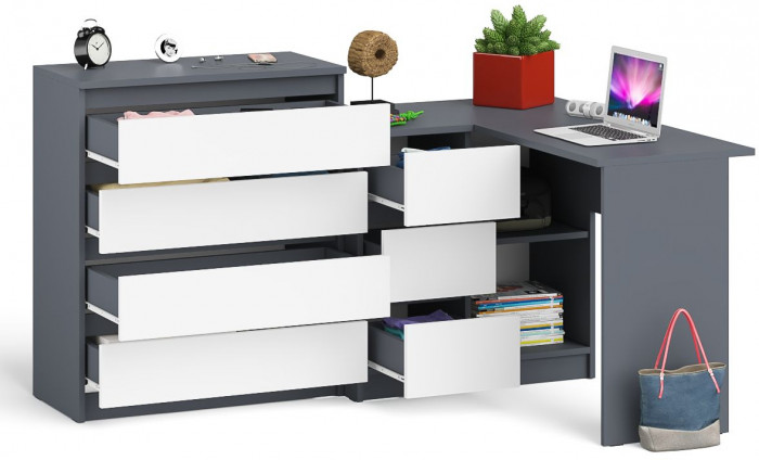 Мори Стол компьютерный МС-16 левый + Комод МК800.4, цвет графит/белый, ШхГхВ 204,8х84,9х94 см., выдвижные ящики слева, НЕ универсальная сборка