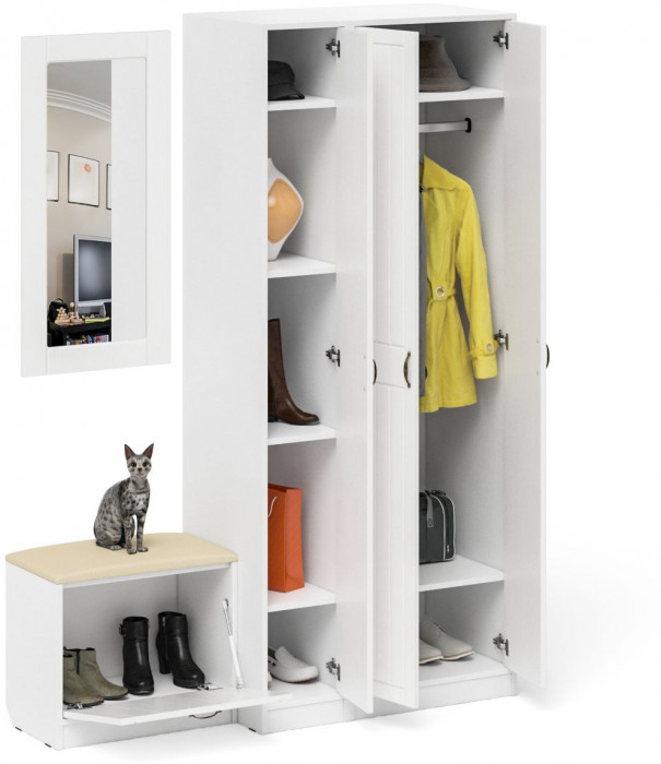 Прихожая П-6 Компоновка № 46, белая шагрень/фасады МДФ белое дерево фрезеровка прованс