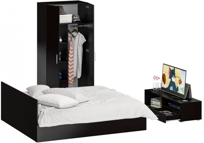 Спальня Стандарт 3-1800, венге/фасады ТВ тумбы МДФ чёрный глянец