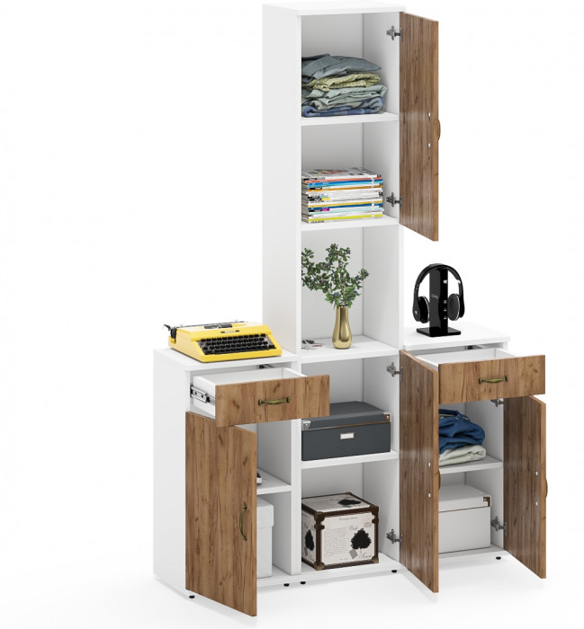 Лидер-8 Пенал + Тумба МД 3.15 + Тумба МД 3.15, белый шагрень/крафт золото