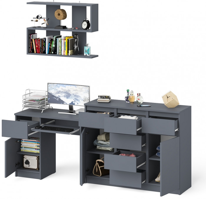 Мори компьютерный стол МС-1 левый + Комод МК1200.4 + Полка 900, графит