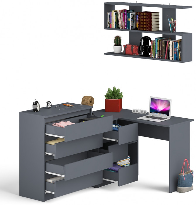 Мори компьютерный стол МС-16 левый + Комод МК800.4 + Полка 1200, графит