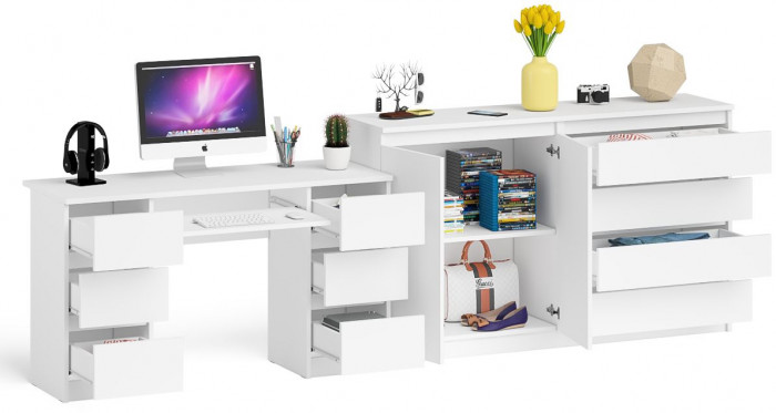 Мори Стол компьютерный МС-2 + Комод МК1600.1, цвет белый, ШхГхВ 295,8х50х94 см., универсальная сборка