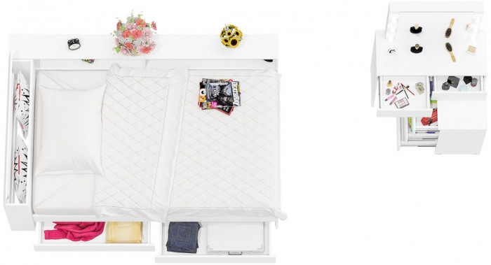 Ксения Кровать с ящиками 1200 + прикроватный блок + Столик с подсветкой 110, белый