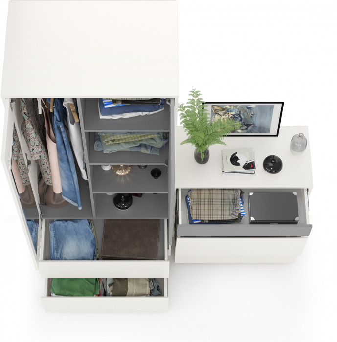 Торонто 13.333 Шкаф для одежды + 13.321 Комод, цвет белый шагрень/стальной серый, ШхГхВ 160х53х195,7 см., универсальная сборка