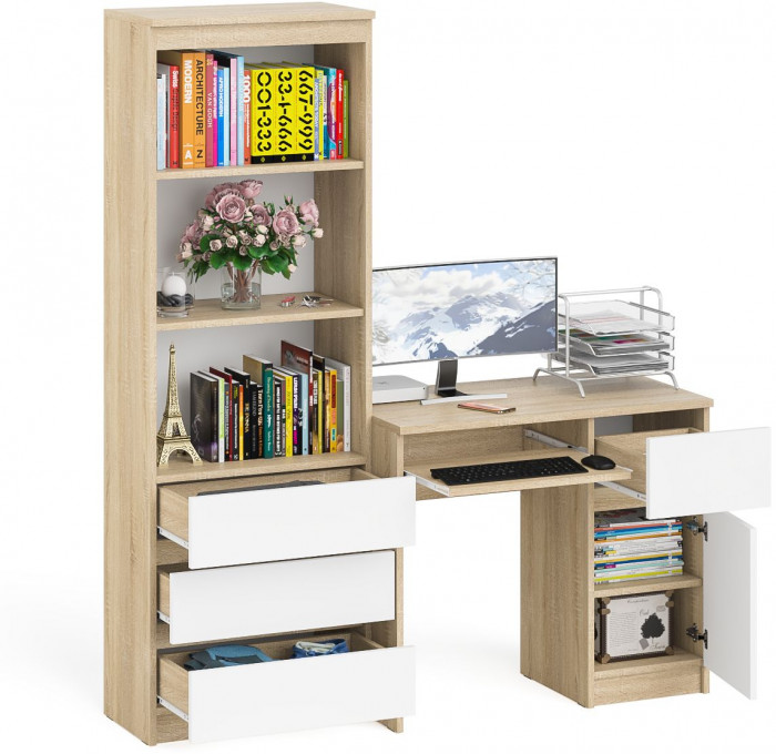 Мори компьютерный стол МС-1 правый + Стеллаж МСТ600.3, дуб сонома/белый