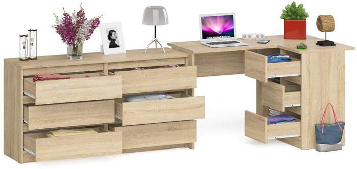 Мори Стол компьютерный МС-16 правый + Комод МК1380.6, цвет дуб сонома, ШхГхВ 262,4х84,9х76,6 см., выдвижные ящики справа, НЕ универсальная сборка