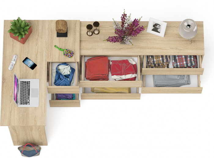 Мори Стол компьютерный МС-16 правый + Комод МК1380.6, цвет дуб сонома, ШхГхВ 262,4х84,9х76,6 см., выдвижные ящики справа, НЕ универсальная сборка