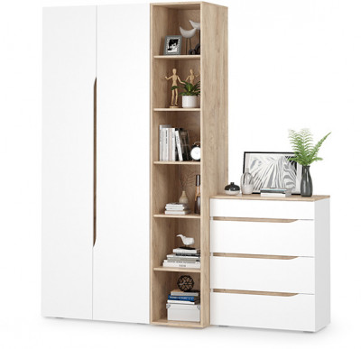 Муссон 13.198 Шкаф двухстворчатый + 13.349 Стеллаж + 13.97 Комод, цвет белый/дуб эндгрейн элегантный, ШхГхВ 204,6х52,3х229,8 см., НЕ универс. сборка