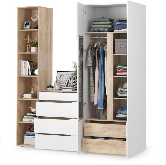 Муссон 13.198 Шкаф двухстворчатый + 13.349 Стеллаж + 13.97 Комод, цвет белый/дуб эндгрейн элегантный, ШхГхВ 204,6х52,3х229,8 см., НЕ универс. сборка