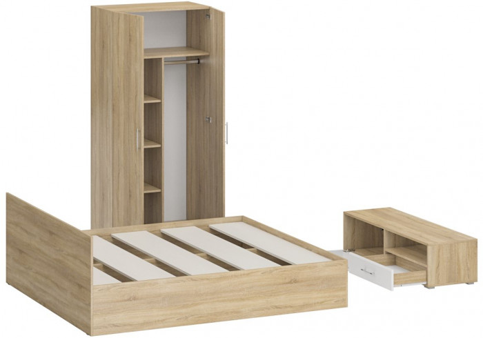 Спальня Стандарт 3-1800, дуб сонома/фасады ТВ тумбы МДФ белый глянец